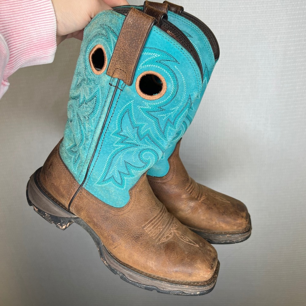 Durango Lady Rebel Steel Toe Western Work Boots Brown Teal DWRD022 Womens 8M
